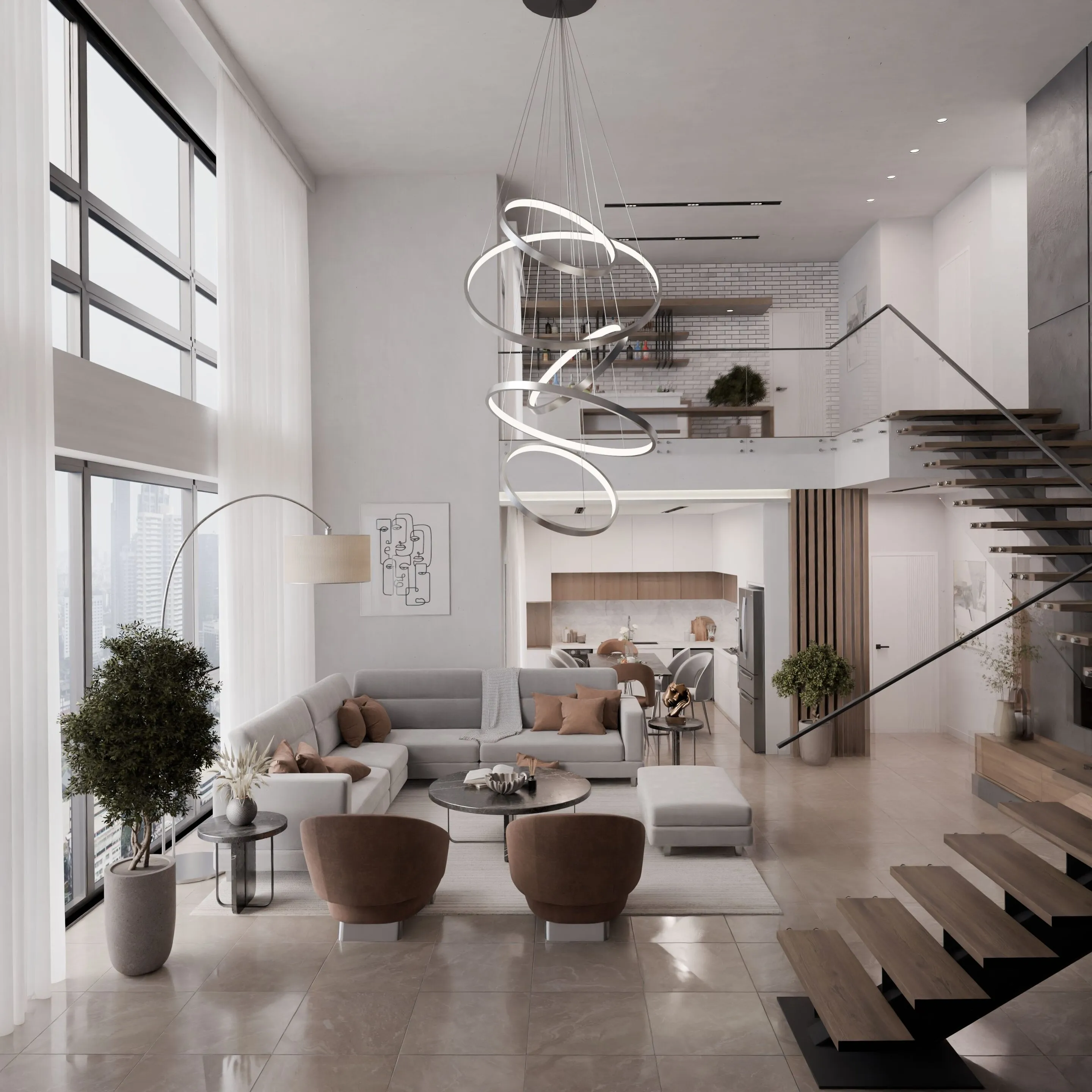 Double-height penthouse living room with floor-to-ceiling glass over a city skyline